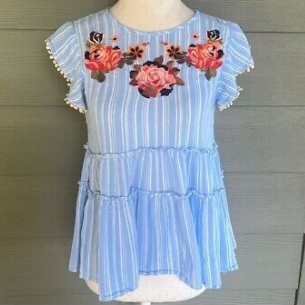 Alter’d State Blue/White Stripe Embroidered Top. Size medium